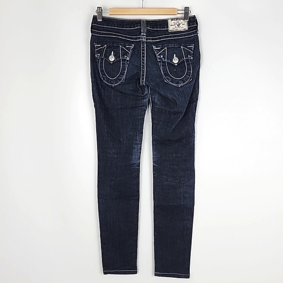 True Religion Women's  Denim Skinny Dark Wash Blue Jeans White Stitch Size 27 - Picture 2 of 16